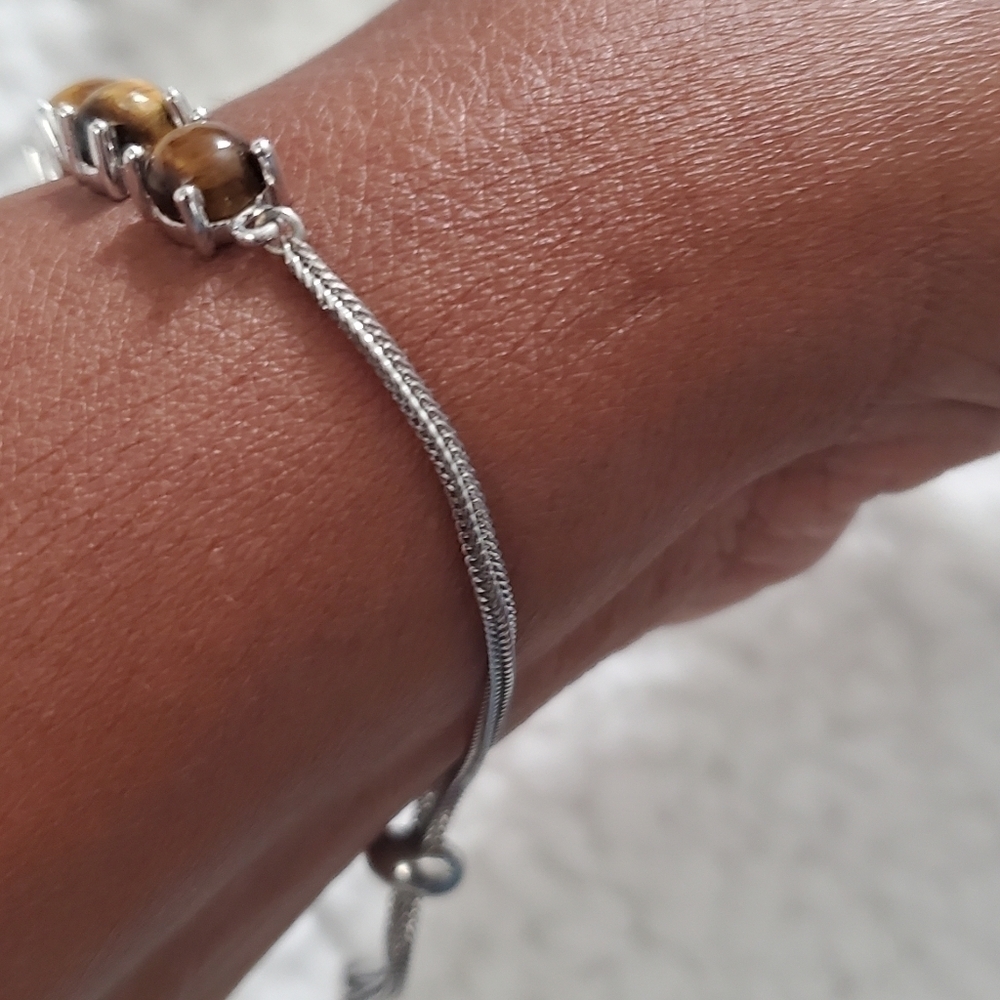 South African Tiger's Eye Bolo Bracelet Platinum Plated Size 6.5 9 - Picture 4 of 4